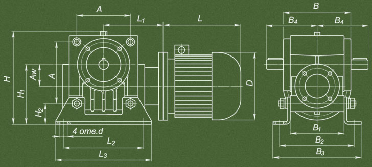 Габаритные размеры мотор-редукторов МЧ-40, МЧ-80