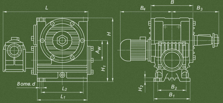 Габариты мотор-редукторов МЧ2-63/100 - МЧ2-80/160